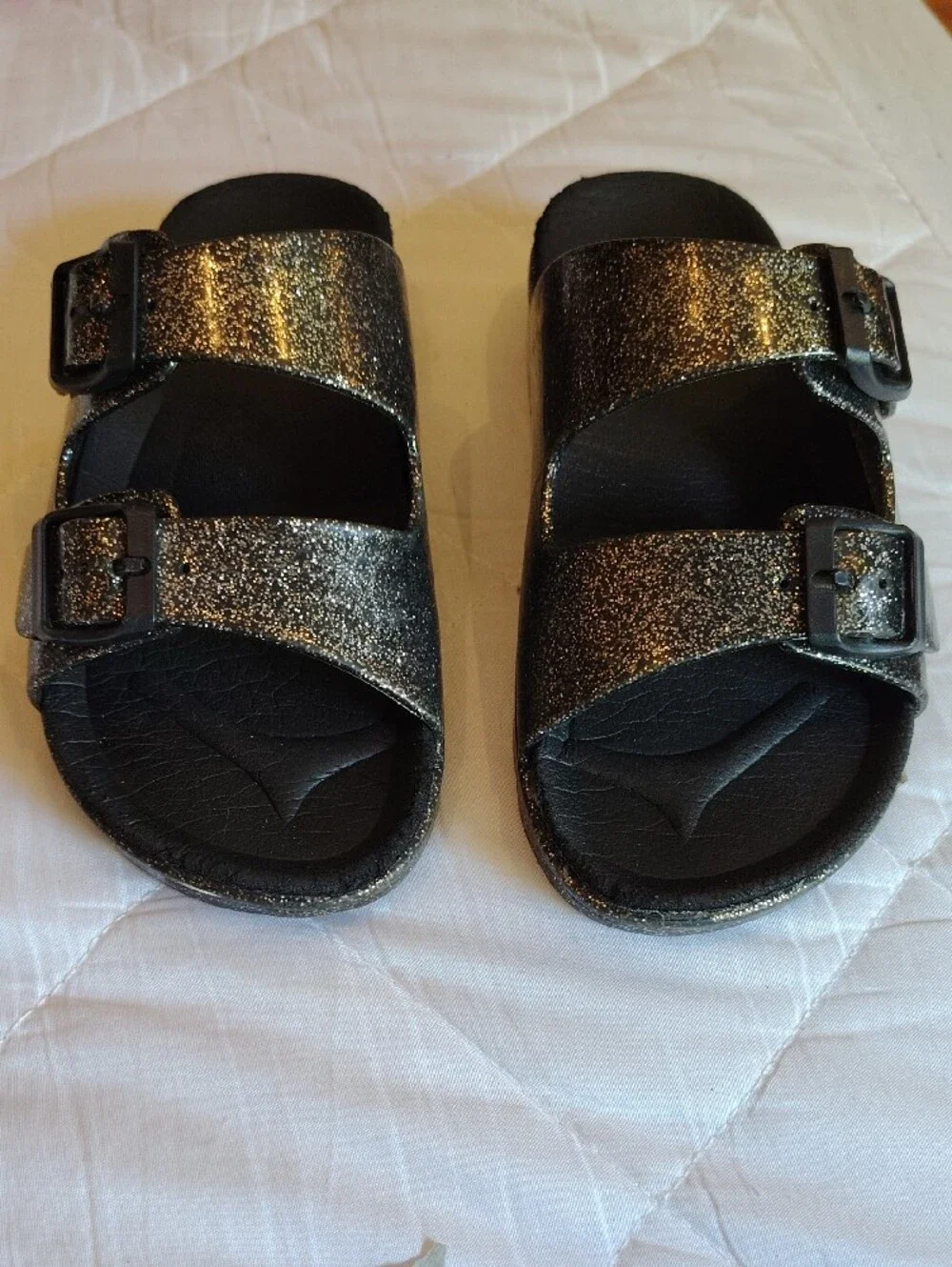 Kids Glitter Double-Buckle Slide Sandals - Black